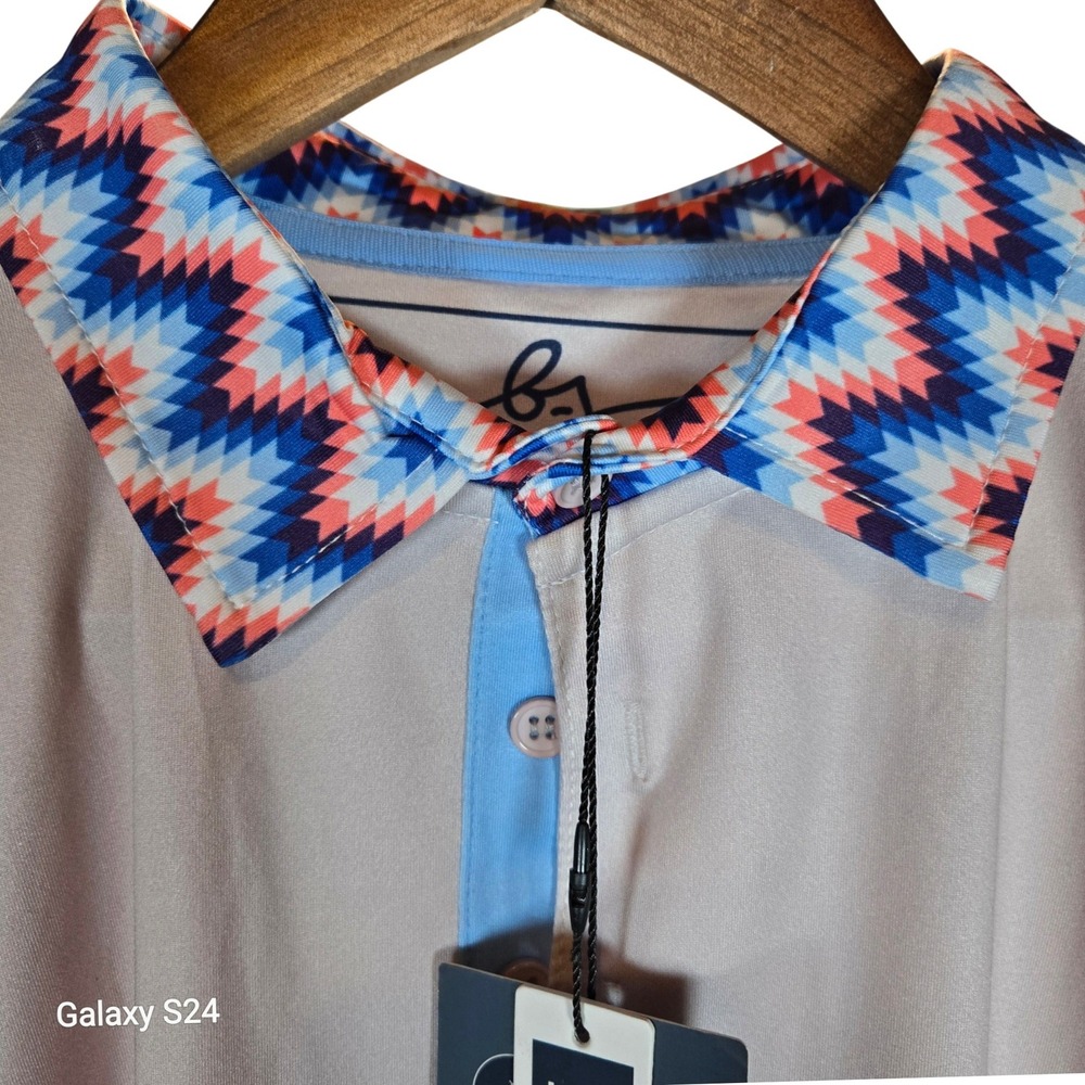 Boston Scott Mens Golf Polo Shirt Light Gray Geometric‎ Collar Moisture Wicking